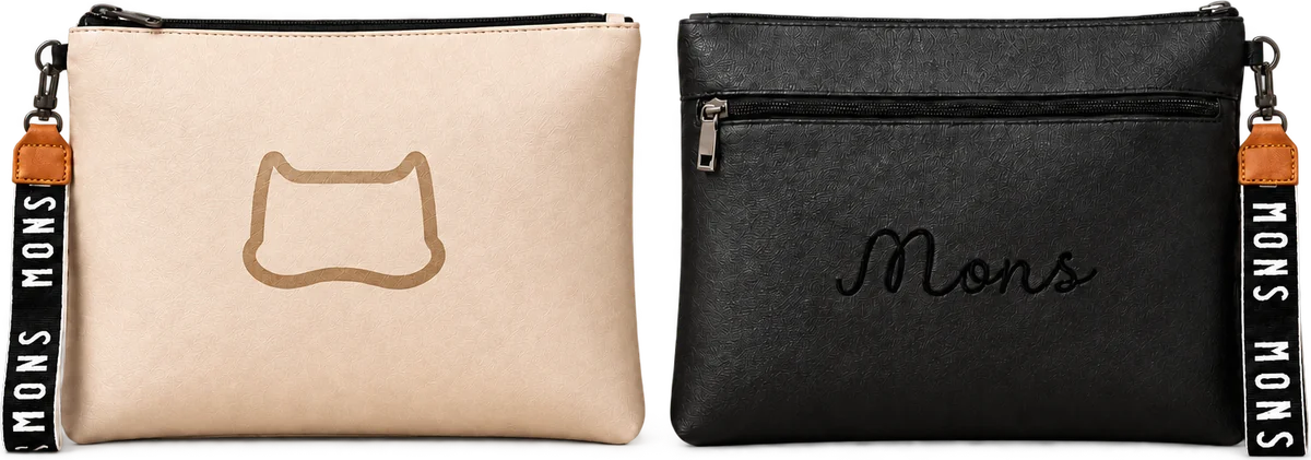 One MONS pouch shown from both sides: beige front on the left and black back on the right