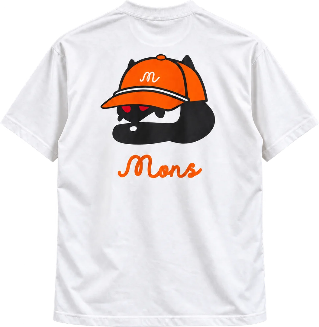 White MONS cotton T-shirt, back view with beanie cat artwork