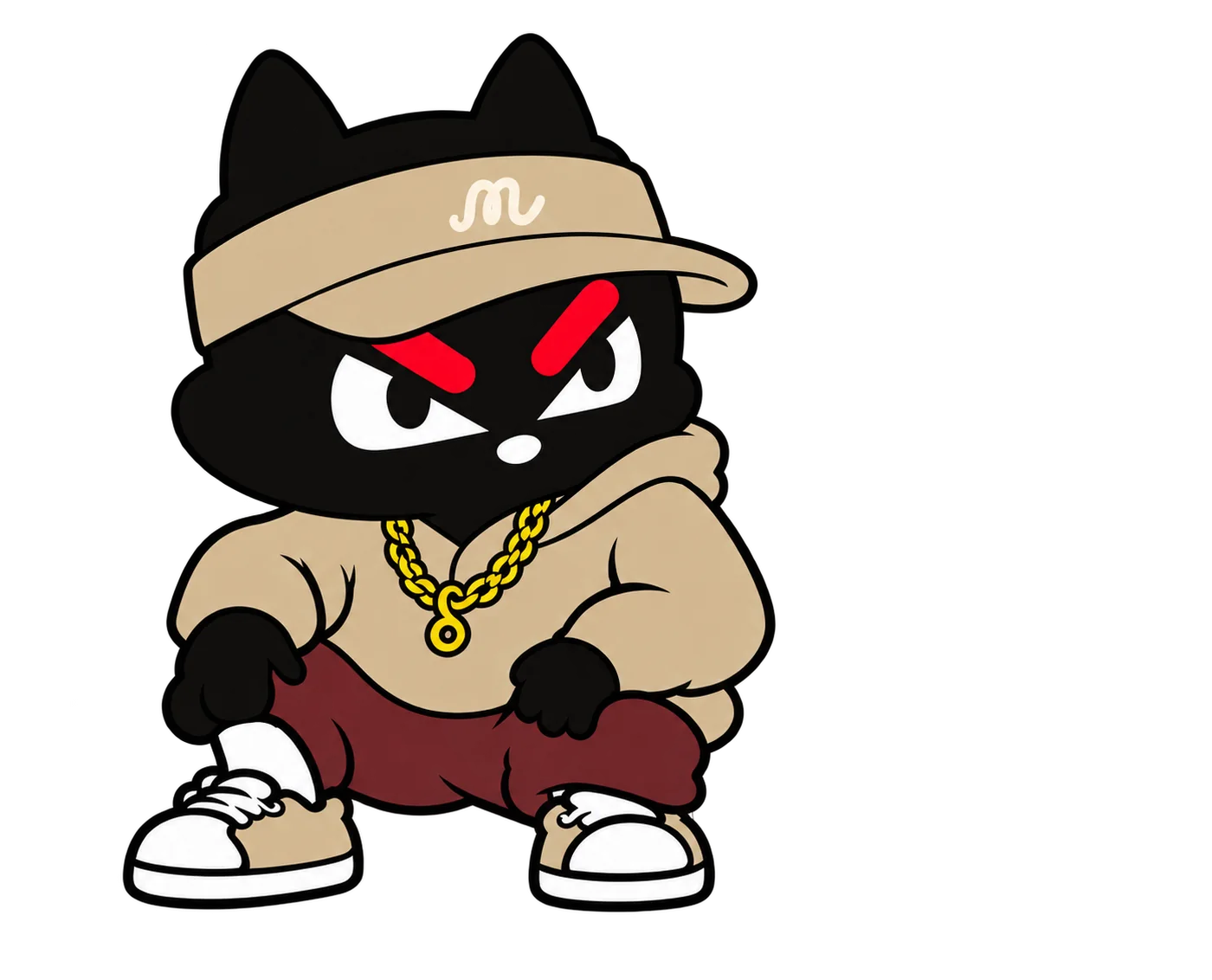 MONS black cat mascot wearing a warm beige set with brick burgundy pants, sitting at a badminton court entrance