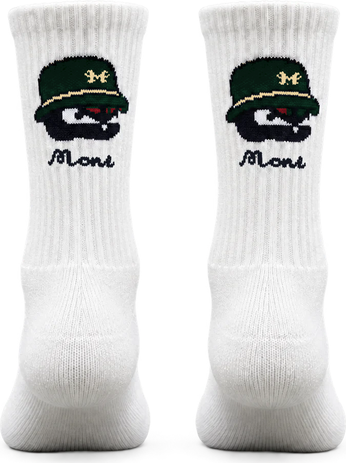 MONS green accent sports socks, product-only rear view with the full MONS logo on the cuff