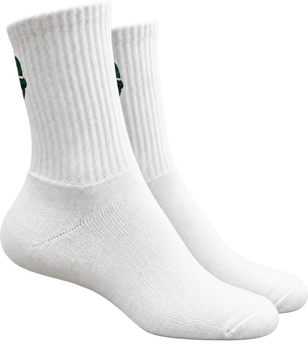 MONS green accent sports socks, product-only side view where only part of the rear-cuff logo is visible