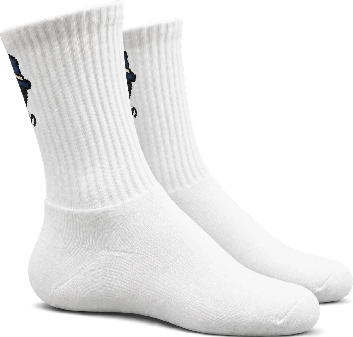 MONS blue accent sports socks, product-only side view where only part of the rear-cuff logo is visible