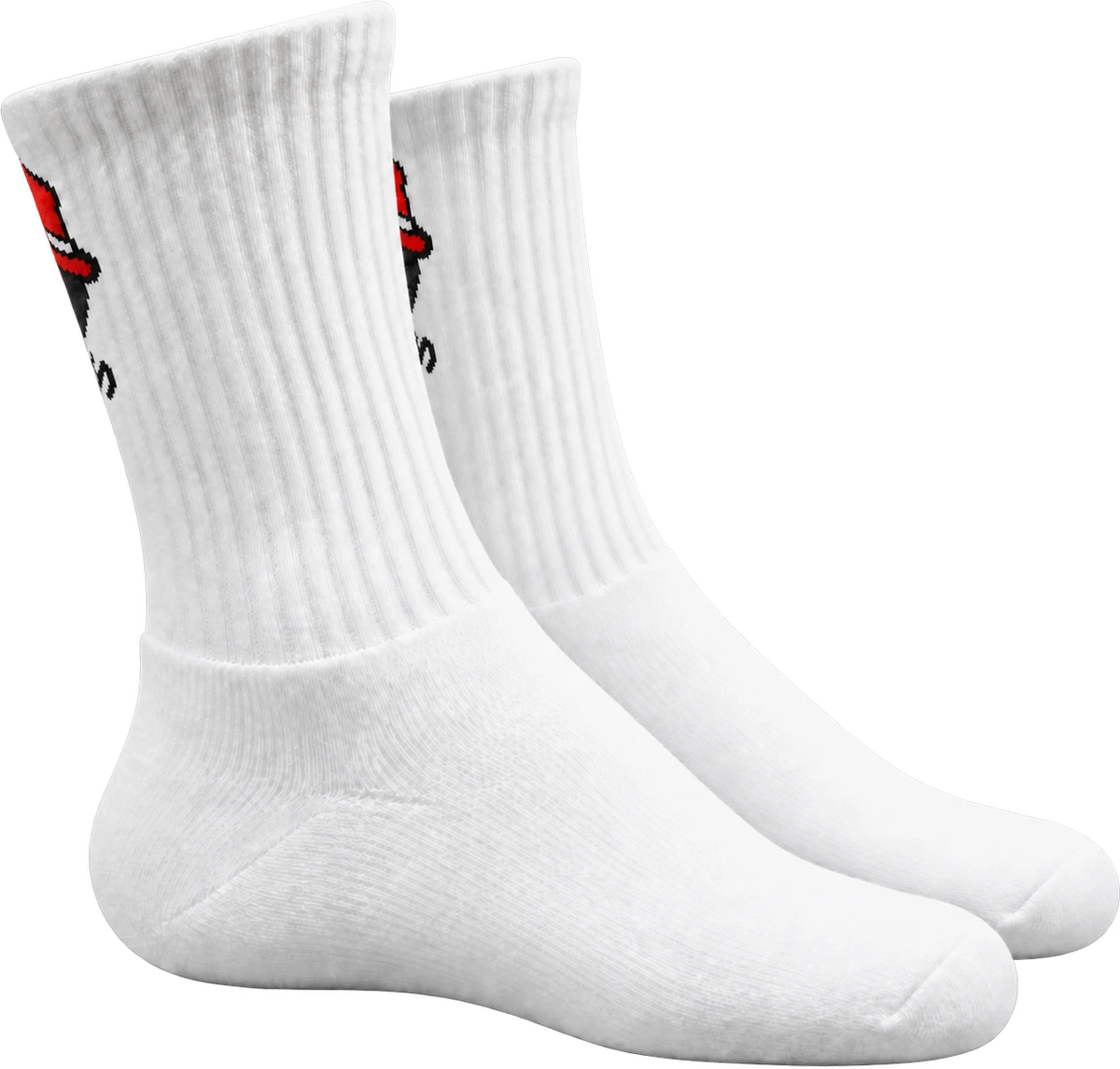 MONS red accent sports socks, product-only side view where only part of the rear-cuff logo is visible